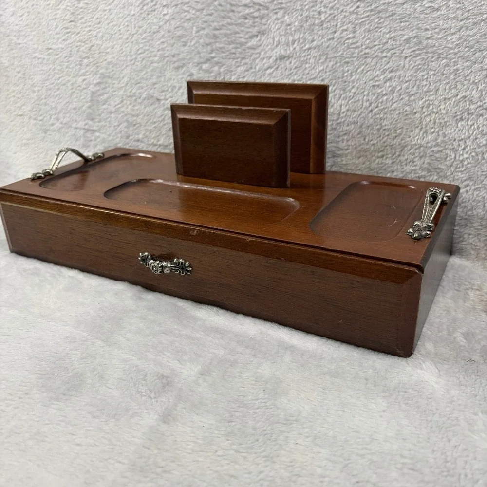 Vintage Wood Dresser Valet Jewelry Box Drawer Coin Tray Card Holder Caddy 12